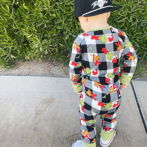 Christmas Green Guy Plaid Baby Bamboo Zipper Romper