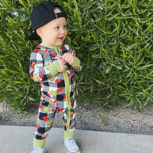 Christmas Green Guy Plaid Baby Bamboo Zipper Romper