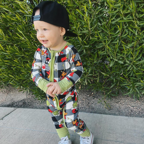 Christmas Green Guy Plaid Baby Bamboo Zipper Romper