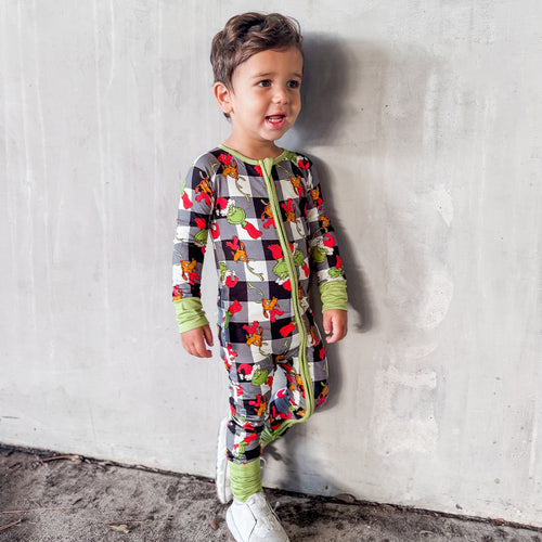 Christmas Green Guy Plaid Baby Bamboo Zipper Romper