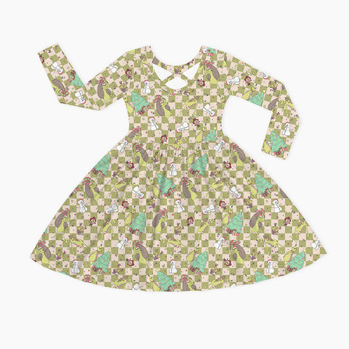Christmas Green Face Stole Gift Plaid Kids Bamboo Long Sleeves Dress