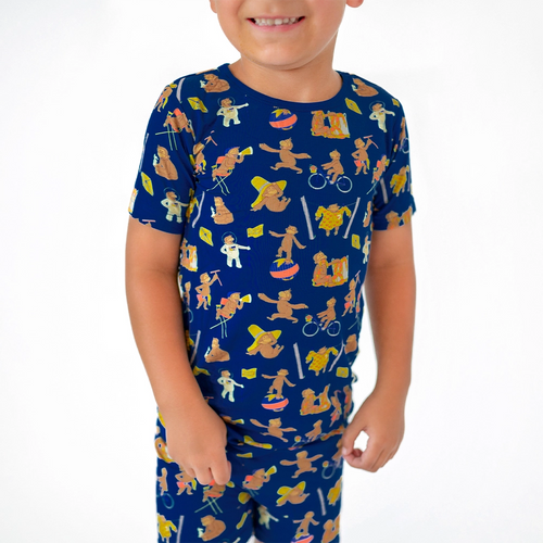 Curious Monkey Blue Kids Bamboo Short Two-Piece Pajama Set