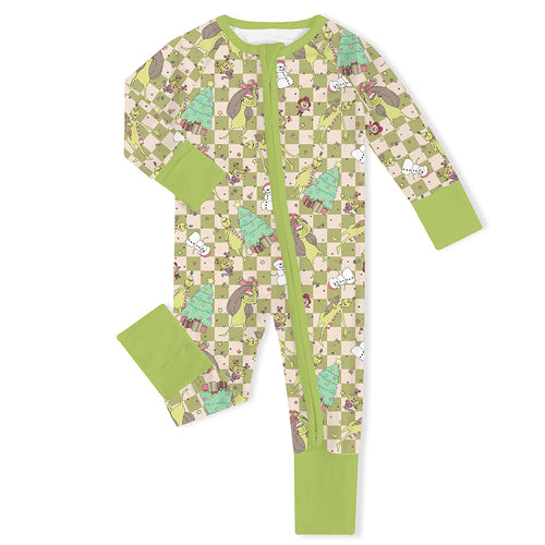 Christmas Green Face Stole Gift Plaid Baby Bamboo Zipper Romper Pajama