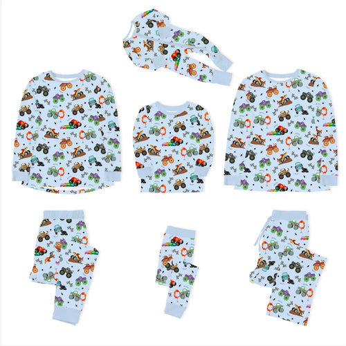 Big Wheels Truck Race Journey on Sky Blue Bamboo Family Matching Pajamas