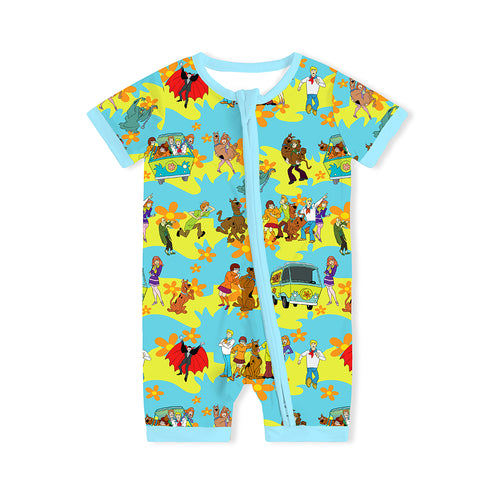 Mystery Adventure Great Dane Dog Blue Baby Bamboo Short Zipper Romper Pajamas