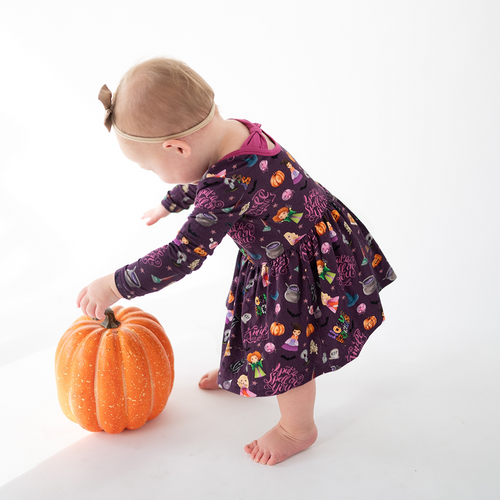 Halloween Witch Sisters Smell Children Long Sleeve Twirl Dress With Bodysuit