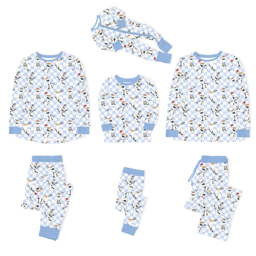 Christmas Big Face Snowman Blue Checkered Bamboo Family Matching Pajamas