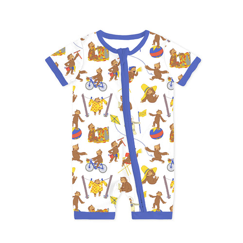 Curious Monkey White Baby Bamboo Short Zipper Romper Pajamas