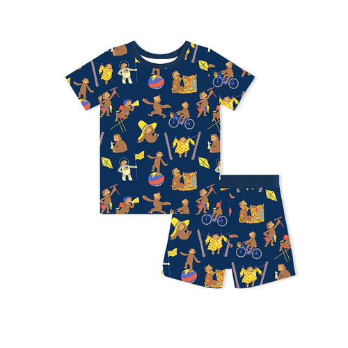 Curious Monkey Blue Kids Bamboo Short Two-Piece Pajama Set