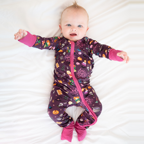 Halloween Witch Sisters Smell Children Baby Bamboo Zipper Romper Pajamas
