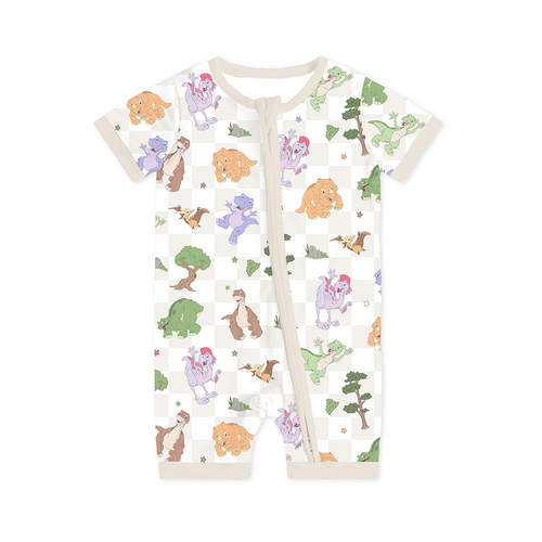 Dinosaur Adventure Plaid Baby Bamboo Short Zipper Romper Pajamas