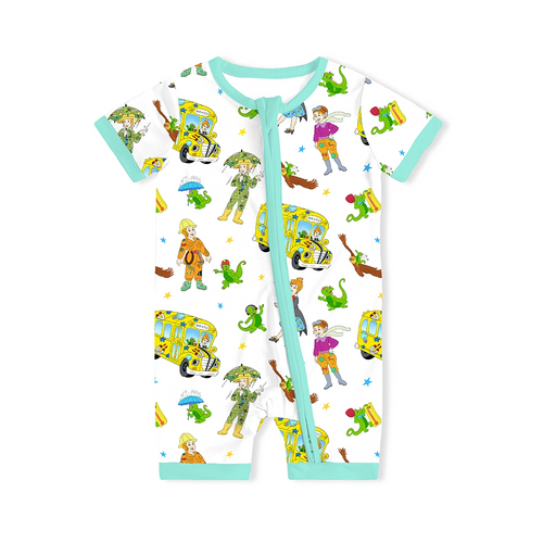 Magic Adventure School Bus Blue Baby Bamboo Short Zipper Romper Pajamas