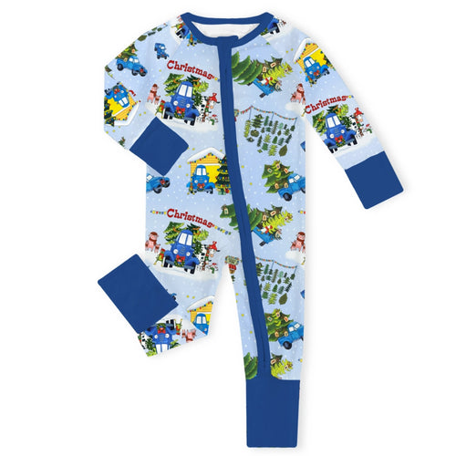 Christmas Blue Car Farm Baby Bamboo Zipper Romper Pajamas