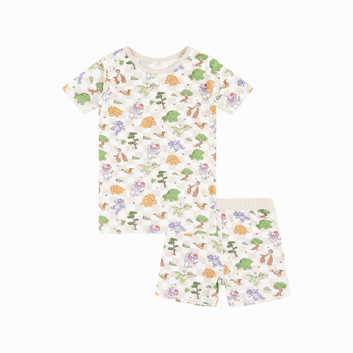 Dinosaur Adventure Plaid Kids Bamboo Short Two-Piece Pajama Set