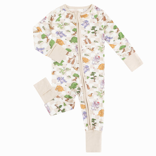 Dinosaur Adventure Plaid Baby Bamboo Zipper Romper Pajamas