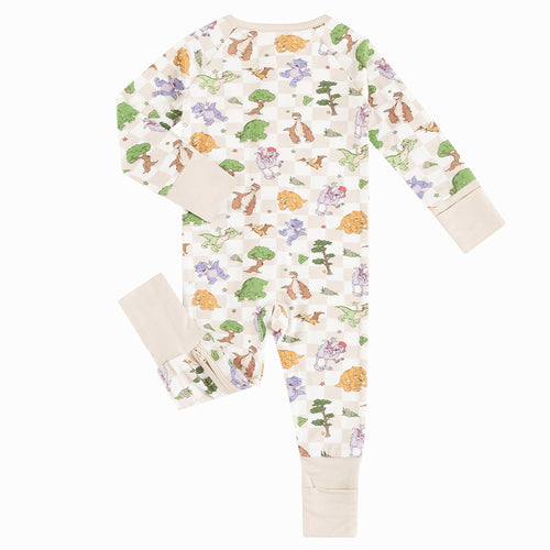 Dinosaur Adventure Plaid Baby Bamboo Zipper Romper Pajamas