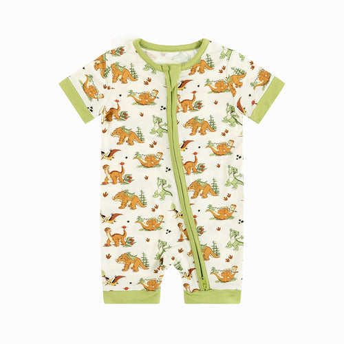Dinosaur Adventure Baby Bamboo Short Zipper Romper Pajamas