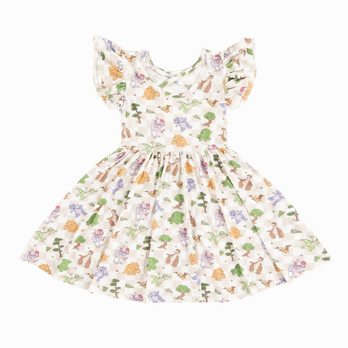 Dinosaur Adventure Plaid Kids Bamboo Short Sleeves Dress