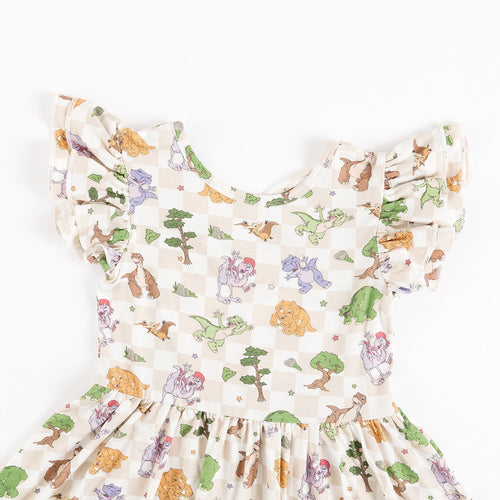 Dinosaur Adventure Plaid Kids Bamboo Short Sleeves Dress