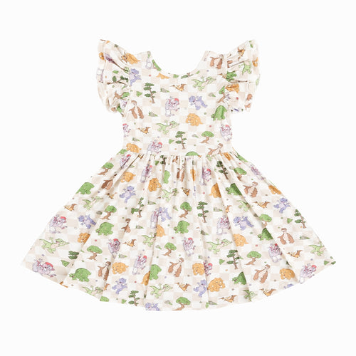 Dinosaur Adventure Plaid Kids Bamboo Short Sleeves Dress