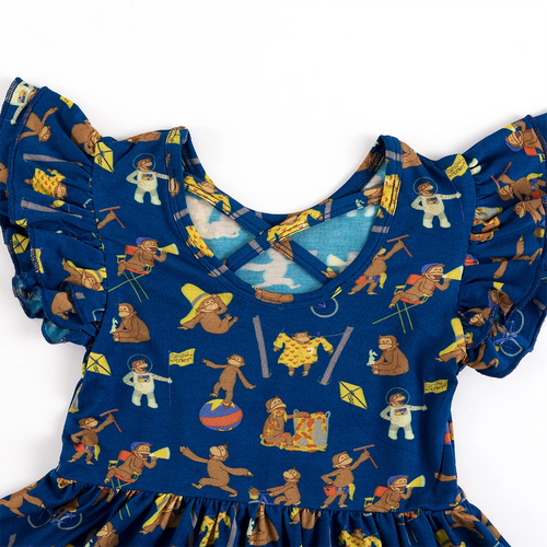 Curious Monkey Blue Kids Bamboo Short Sleeves Dress