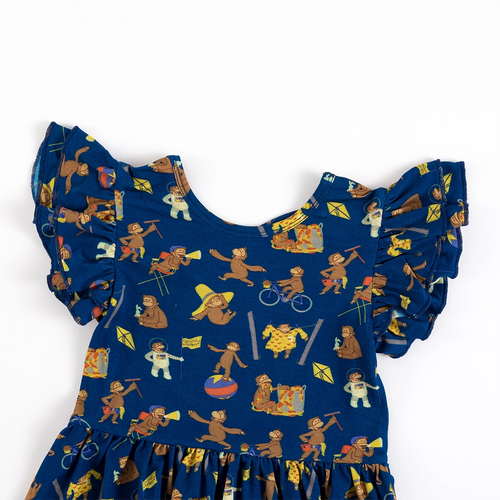 Curious Monkey Blue Kids Bamboo Short Sleeves Dress