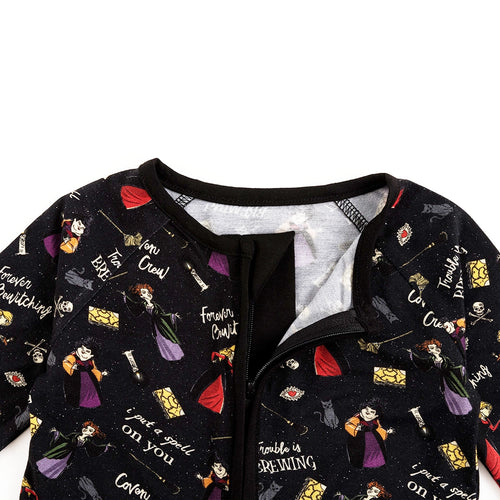 Halloween Witch Sisters Spell Baby Bamboo Zipper Romper Pajamas