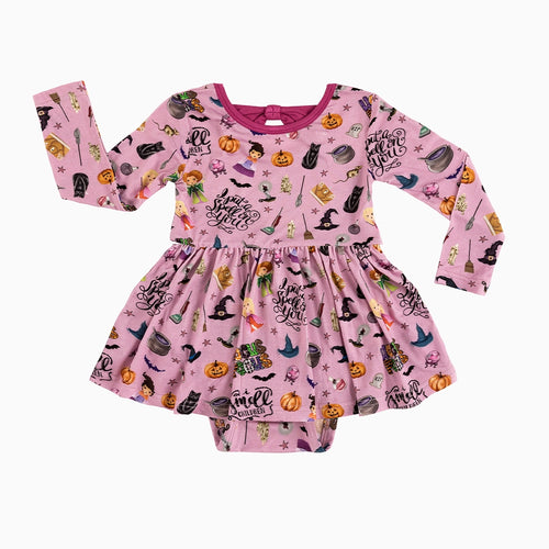 Halloween Witch Sisters Smell Children Purple Long Sleeve Twirl Dress With Bodysuit