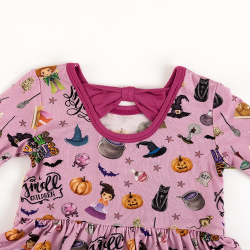 Halloween Witch Sisters Smell Children Purple Long Sleeve Twirl Dress With Bodysuit