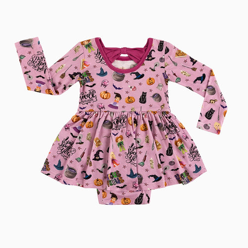 Halloween Witch Sisters Smell Children Purple Long Sleeve Twirl Dress With Bodysuit