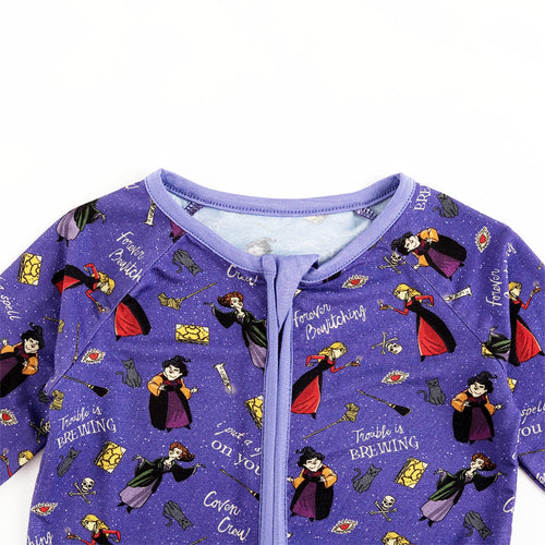 Halloween Witch Sisters Spell Baby Bamboo Purple Zipper Romper Pajamas