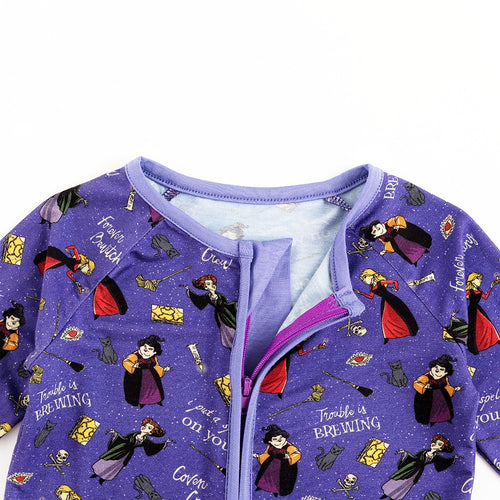 Halloween Witch Sisters Spell Baby Bamboo Purple Zipper Romper Pajamas
