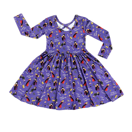 Halloween Witch Sisters Spell Kids Bamboo Purple Long Sleeves Dress