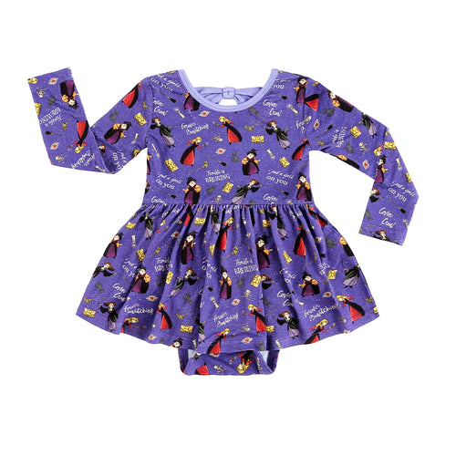 Halloween Witch Sisters Spell Long Sleeve Purple Twirl Dress With Bodysuit