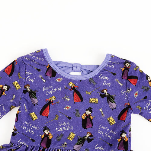 Halloween Witch Sisters Spell Long Sleeve Purple Twirl Dress With Bodysuit