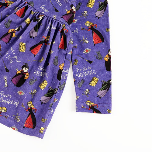 Halloween Witch Sisters Spell Long Sleeve Purple Twirl Dress With Bodysuit