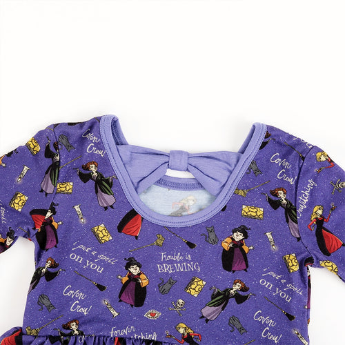 Halloween Witch Sisters Spell Long Sleeve Purple Twirl Dress With Bodysuit