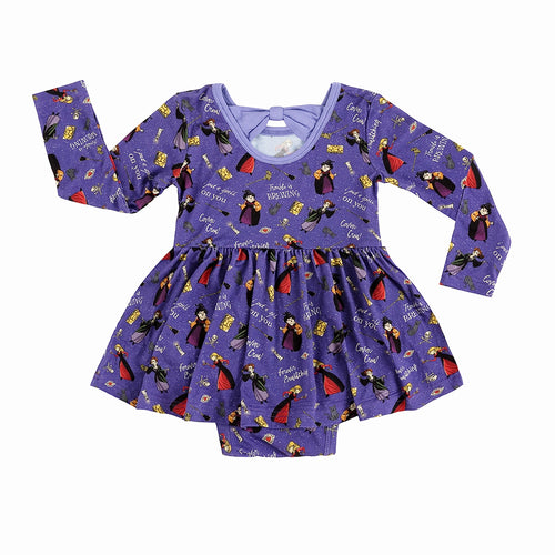 Halloween Witch Sisters Spell Long Sleeve Purple Twirl Dress With Bodysuit