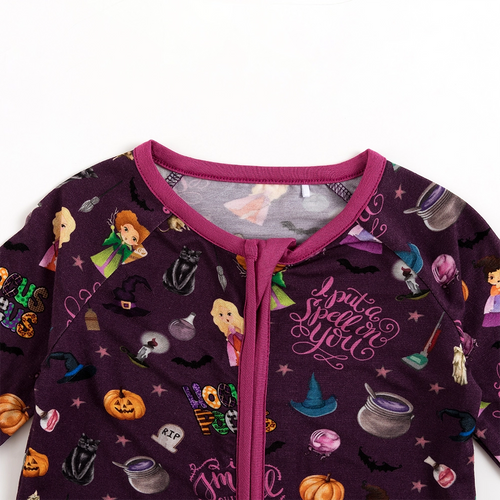 Halloween Witch Sisters Smell Children Baby Bamboo Zipper Romper Pajamas