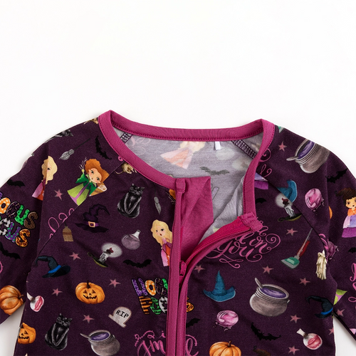 Halloween Witch Sisters Smell Children Baby Bamboo Zipper Romper Pajamas