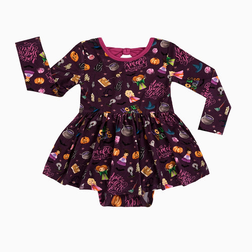 Halloween Witch Sisters Smell Children Long Sleeve Twirl Dress With Bodysuit