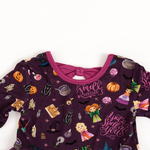 Halloween Witch Sisters Smell Children Long Sleeve Twirl Dress With Bodysuit