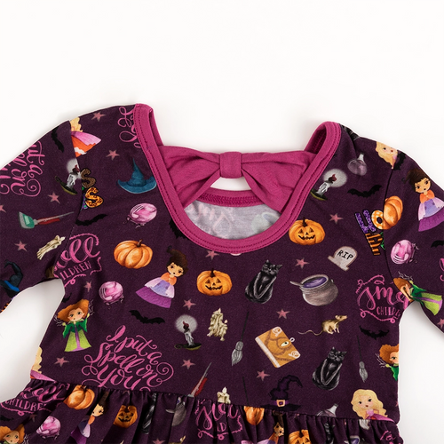 Halloween Witch Sisters Smell Children Long Sleeve Twirl Dress With Bodysuit
