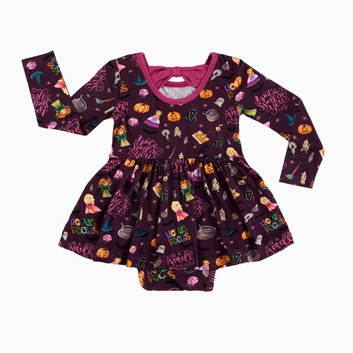 Halloween Witch Sisters Smell Children Long Sleeve Twirl Dress With Bodysuit