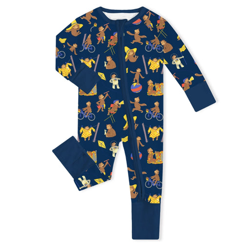 Curious Monkey Blue Baby Bamboo Zipper Romper Pajamas