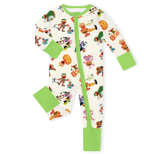 Halloween Street Furry Pals Green Baby Bamboo Zipper Romper Pajamas