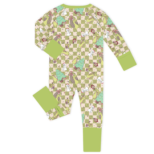 Christmas Green Face Stole Gift Plaid Baby Bamboo Zipper Romper Pajama