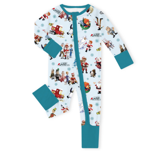 Christmas Snowy Town Santa and Friends Truck on Frost Blue Baby Bamboo Zipper Romper Pajamas