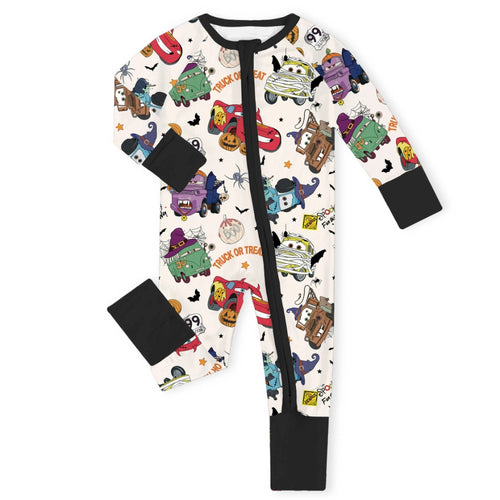 Halloween Car Pumpkin White Baby Bamboo Zipper Romper Pajamas