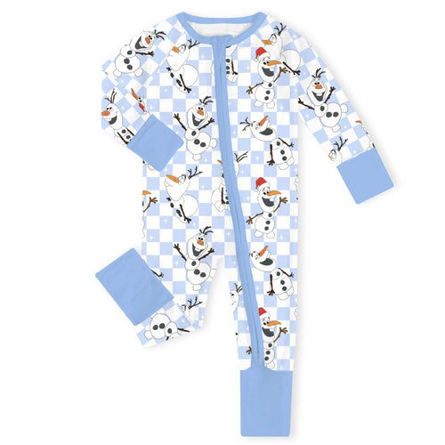 Christmas Big Face Snowman Blue Checkered Baby Bamboo Zipper Romper Pajamas